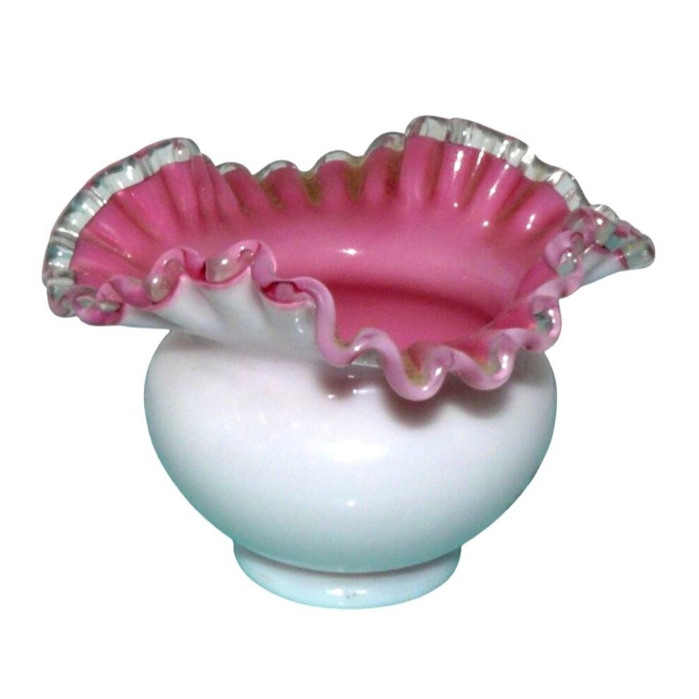 Fenton Opalescent White & Cranberry Pink Ruffled Edge Glass Rose Bowl Vase